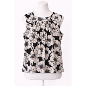 Jones Studio Floral Sleeveless Blouse Women L Black White Pleated Top